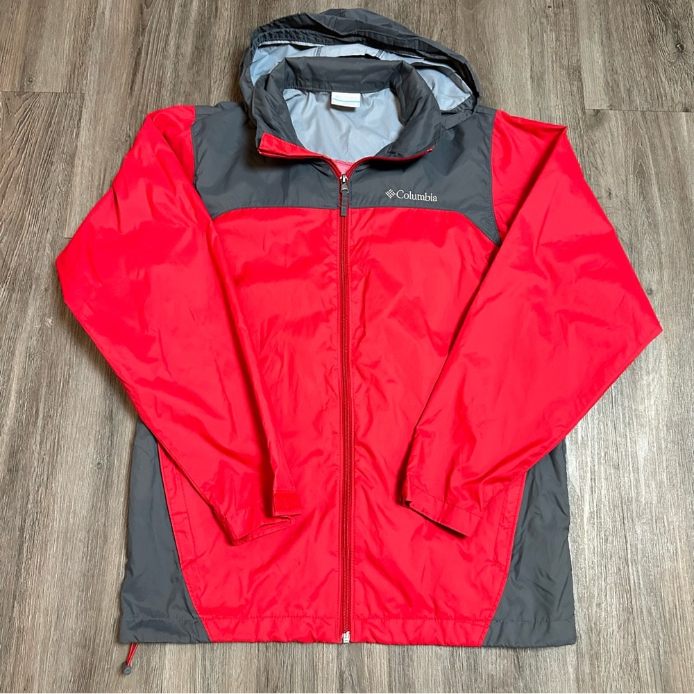 Columbia zip up red gray hooded packable hood windbreaker jacket